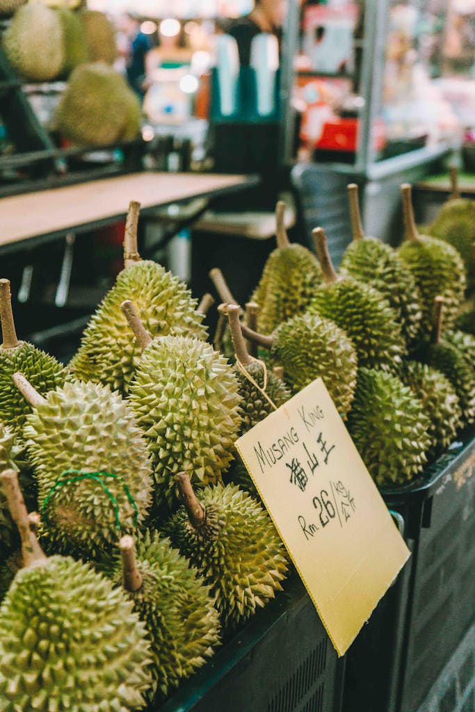 Exotic fruits of Malaysia - Musang King durians for sale at a market in Kuala Lumpur.